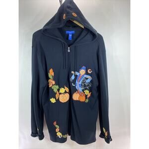 Karen Scott Sport Embroidery Halloween Full Zip Up Sweatshirt Hoodie Women Large